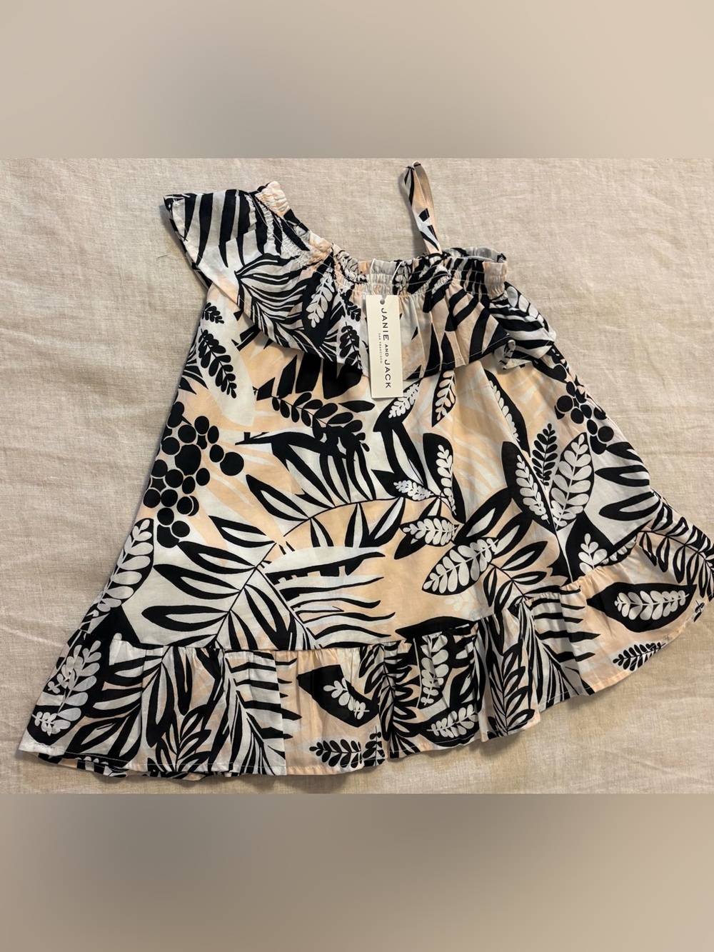 NWT Janie and Jack Black Tan Tropical Leaf One Shoulder Ruffle Dress 2T